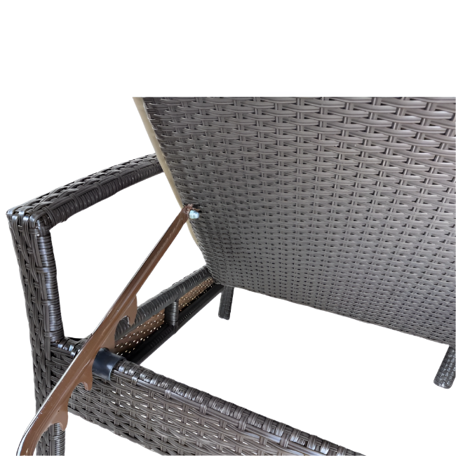 Brown wicker outdoor lounge chair with beige cushions on a white background