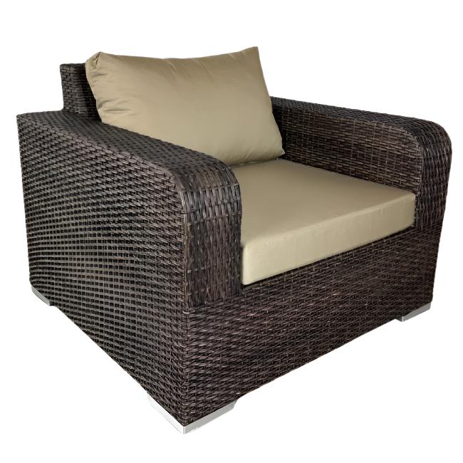 Wicker armchair with beige cushions on a white background