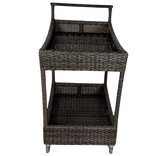 Wicker bar cart with two shelves on a white background