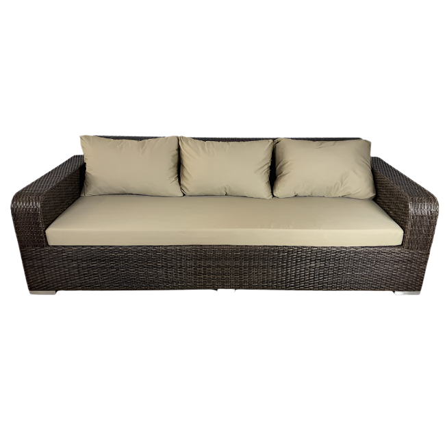 Wicker outdoor sofa with beige cushions on a white background