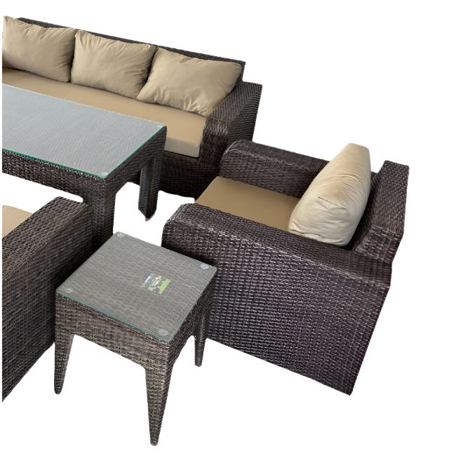 Outdoor wicker furniture set with wicker chairs and table on a white background