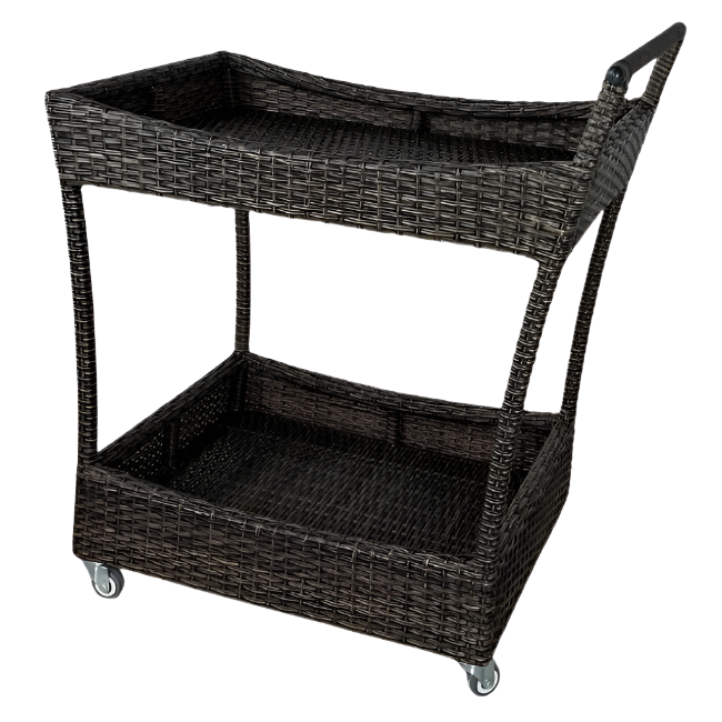 Wicker serving cart with two shelves on a white background