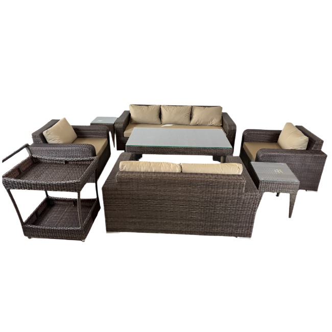 Outdoor furniture set with brown wicker chairs and beige cushions on a white background