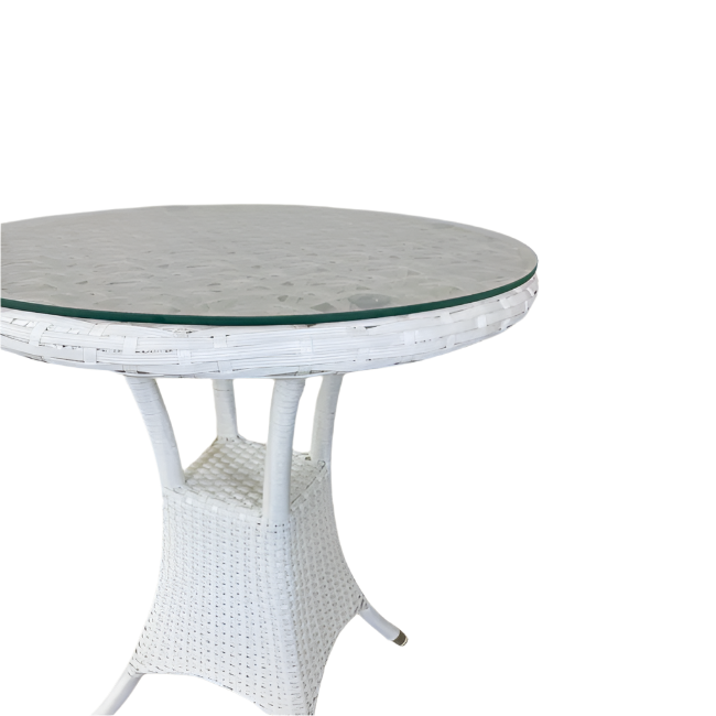 Round white wicker table with a glass top on a white background