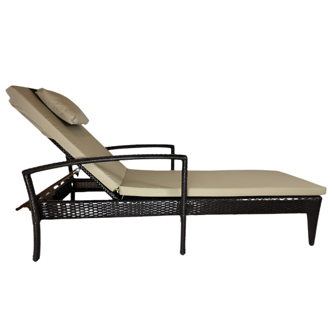 Brown wicker outdoor lounge chair with beige cushions on a white background