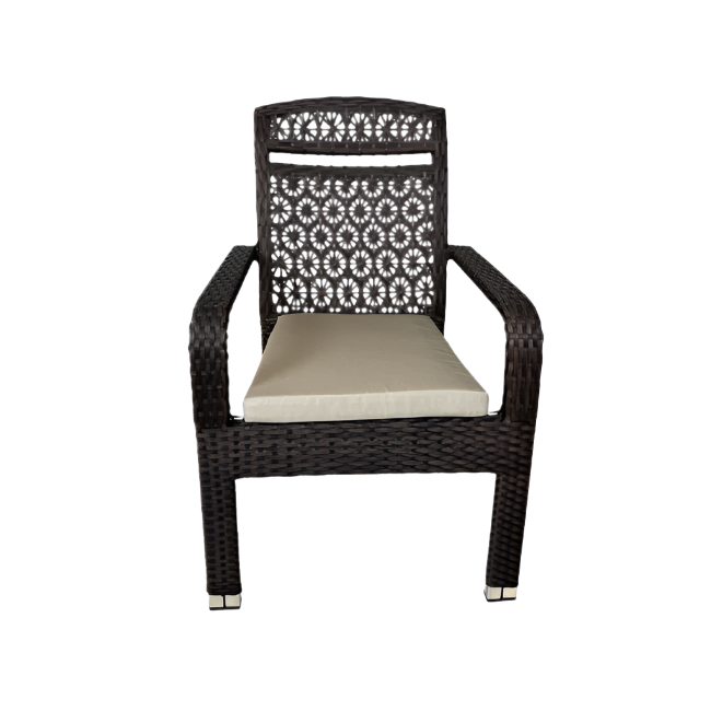 Wicker chair with a beige cushion on a white background