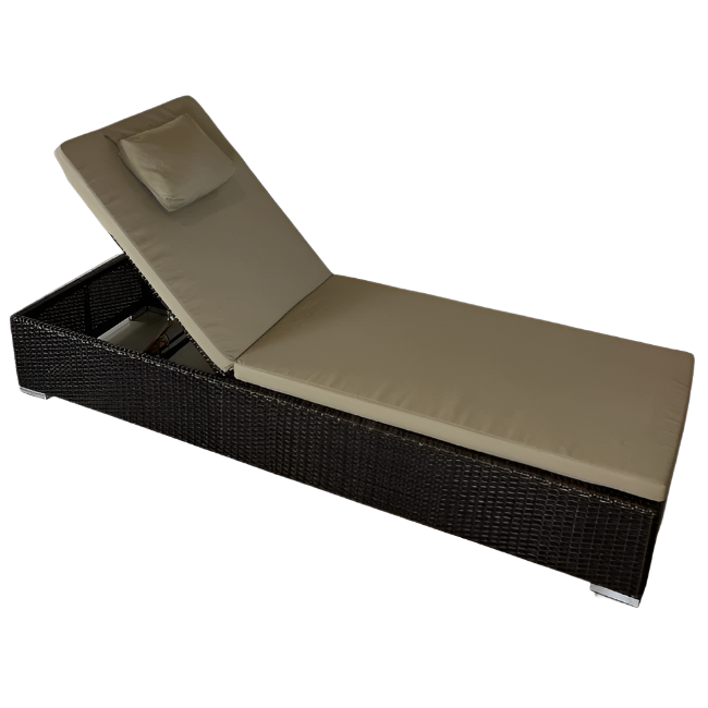 Brown wicker sun lounger with beige cushion on a white background