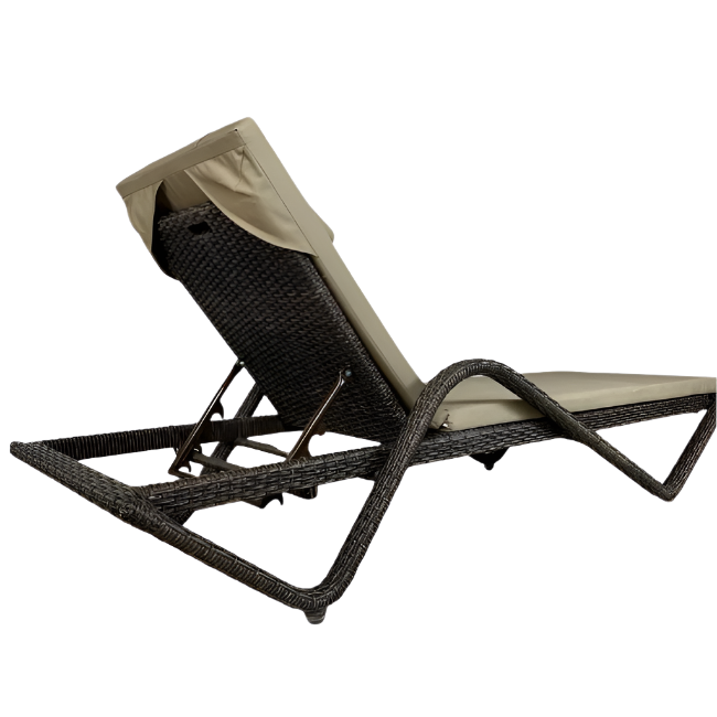 Beige cushioned lounge chair with wicker frame on a white background