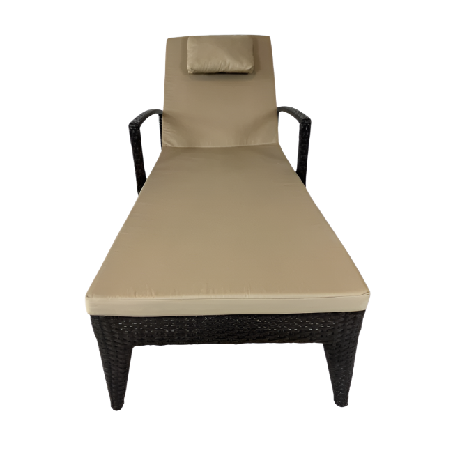 Brown wicker outdoor lounge chair with beige cushions on a white background