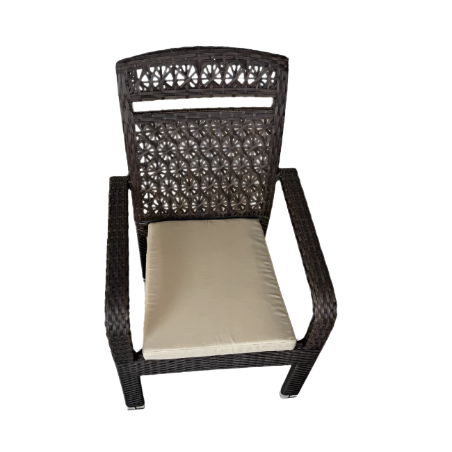 Wicker chair with a beige cushion on a white background