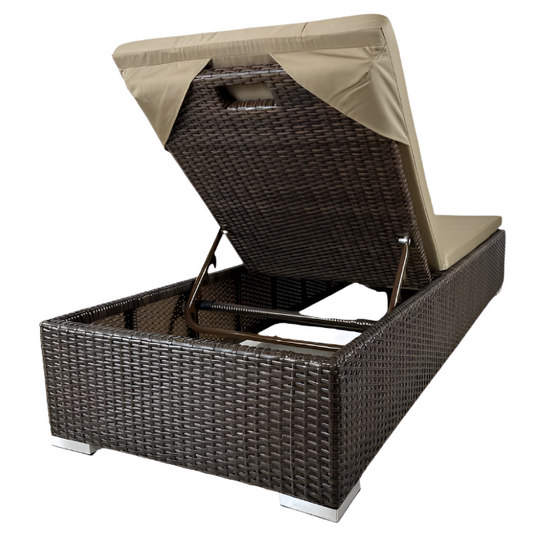 Wicker outdoor lounge chair with storage bin and beige cushion on a white background