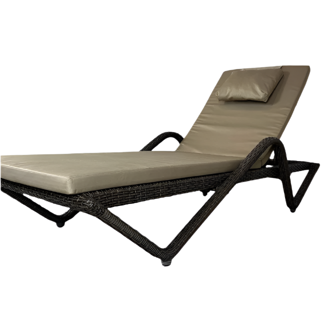 Brown wicker sun lounger with beige cushion on a white background