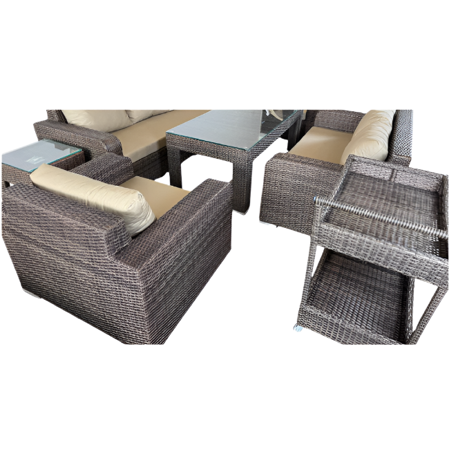 Wicker outdoor furniture set with beige cushions on a white background