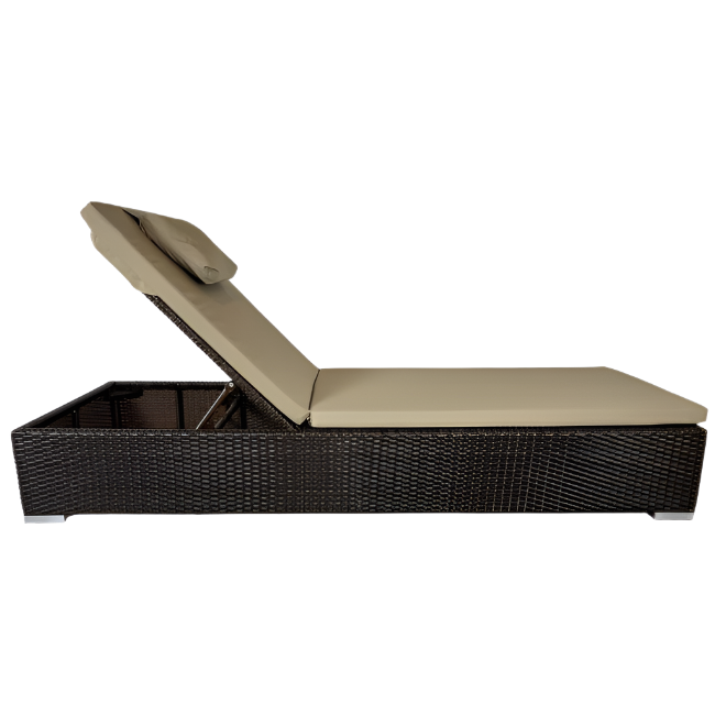 Brown wicker sun lounger with beige cushion on a white background