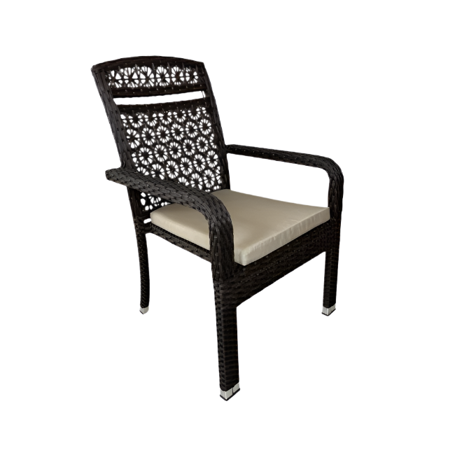 Wicker chair with a beige cushion on a white background