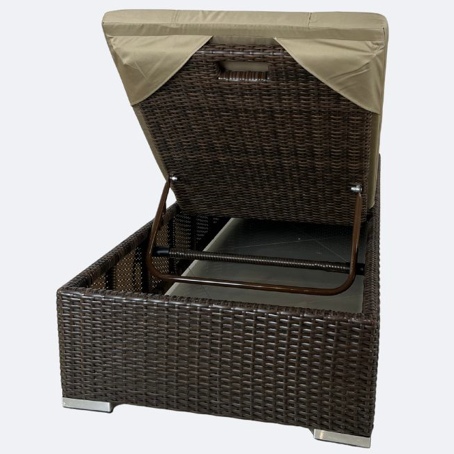 Brown wicker sun lounger with beige cushion on a white background