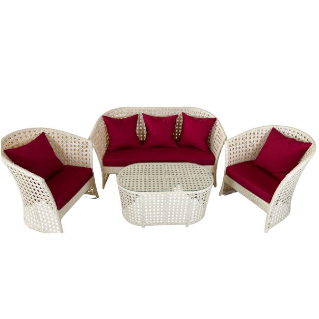 White wicker outdoor furniture set with red cushions on a white background