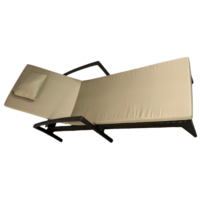 Brown wicker outdoor lounge chair with beige cushions on a white background