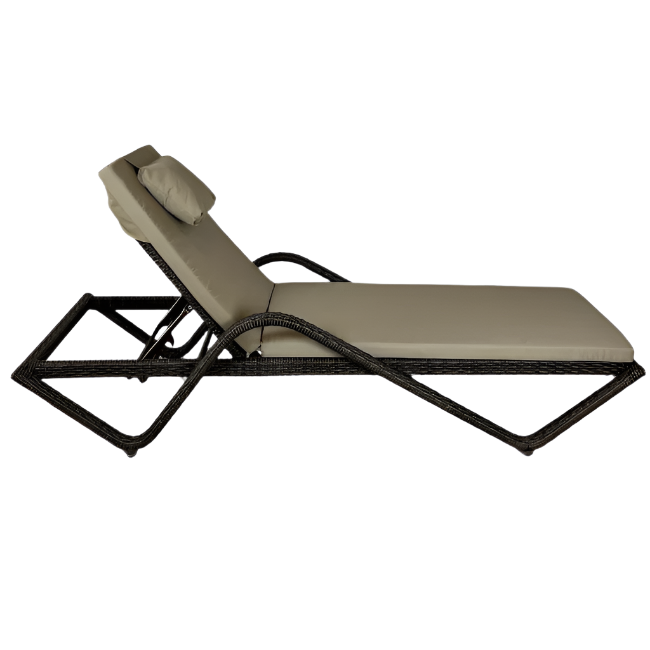 Beige cushioned lounge chair with wicker frame on a white background
