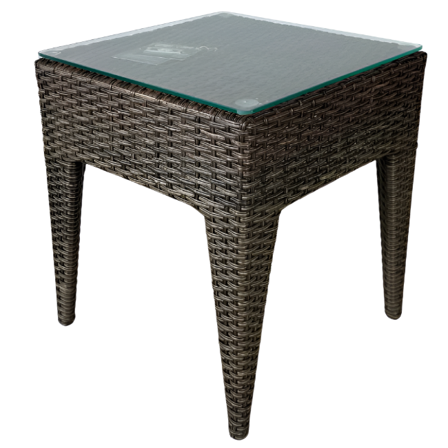 Wicker side table with a glass top on a white background