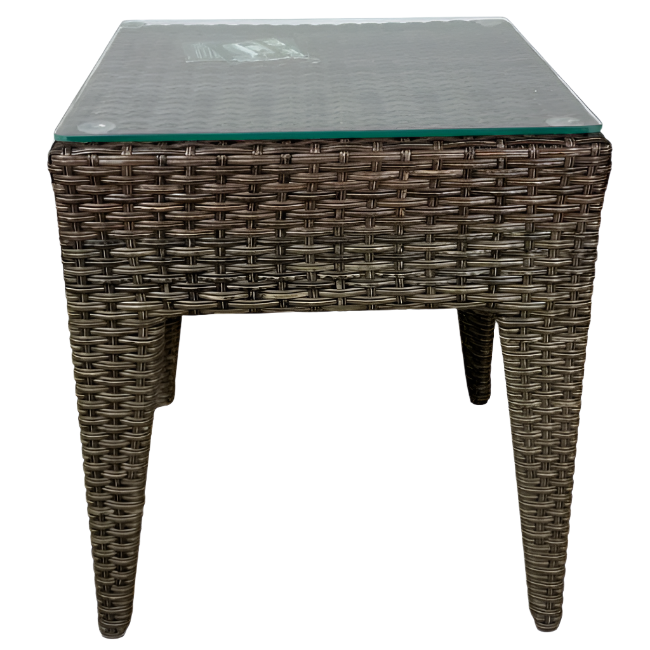 Wicker side table with a glass top on a white background