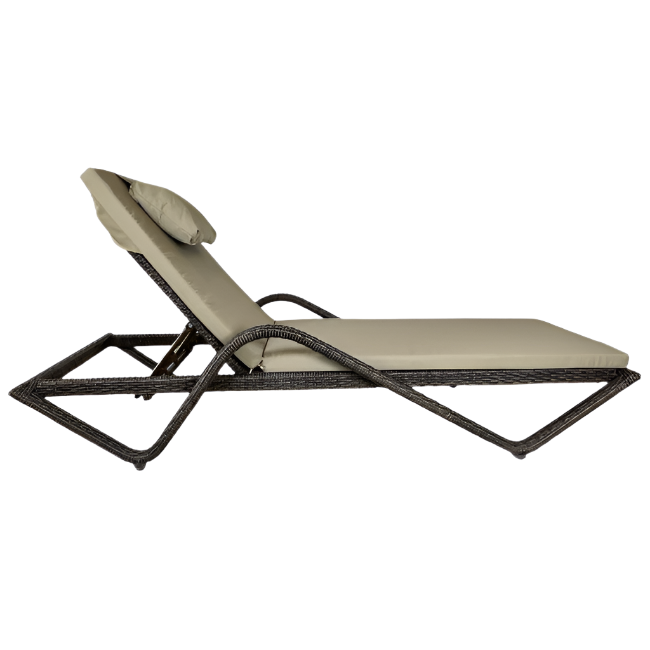 Beige lounge chair with brown frame on a white background
