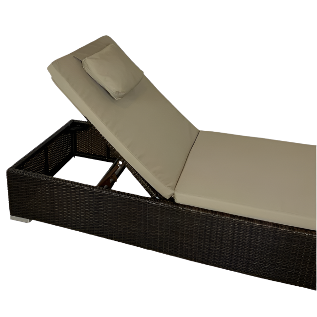 Beige cushioned lounge chair with brown woven frame on a white background