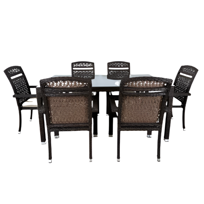 Dining table set with six chairs on a white background