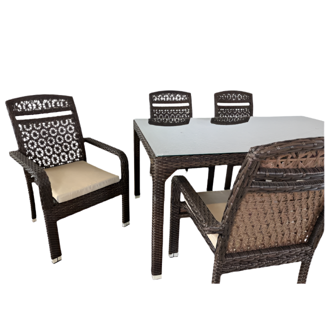 Wicker dining set with a table and four chairs on a white background