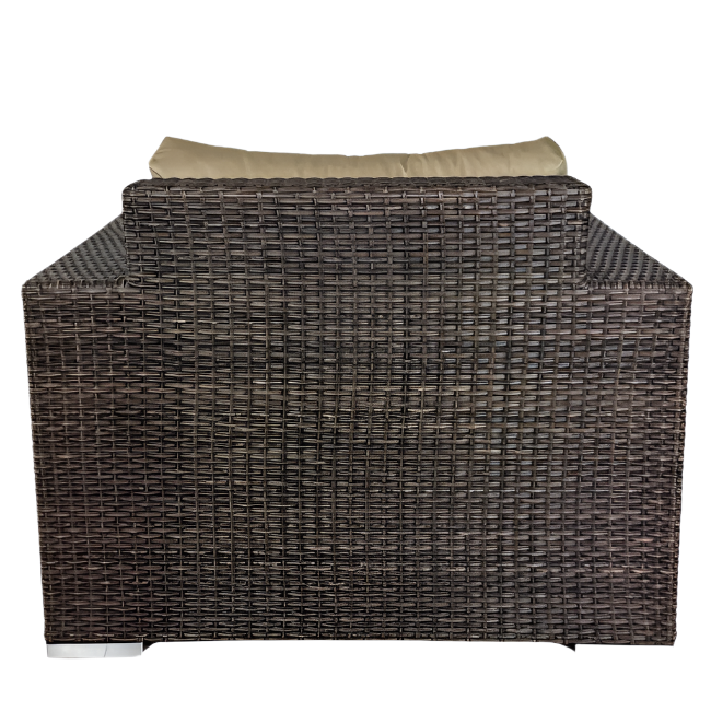 Wicker outdoor furniture piece with beige cushion on a white background