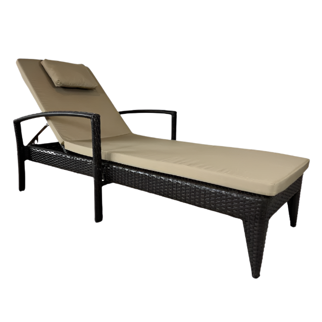 Brown wicker outdoor lounge chair with beige cushions on a white background