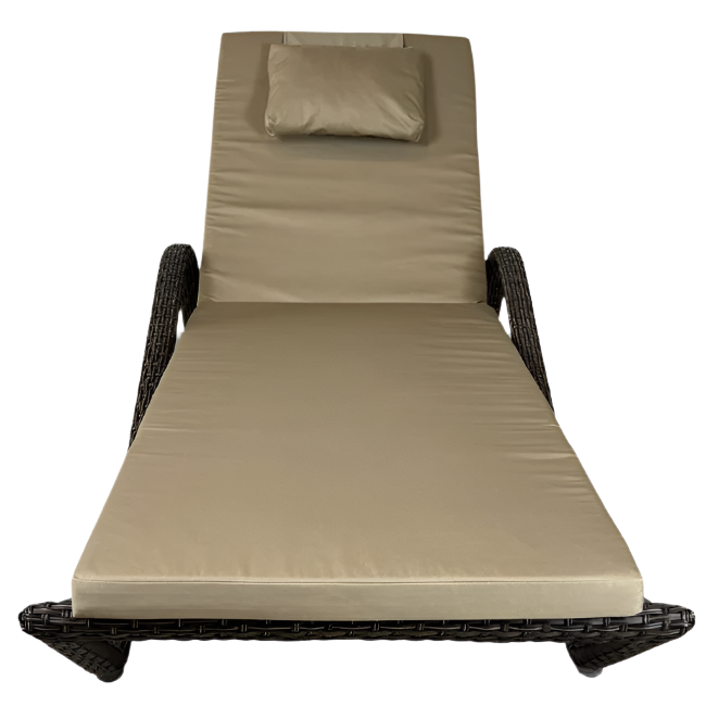 Beige cushioned lounge chair with wicker frame on a white background