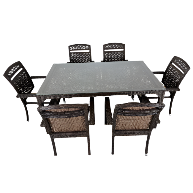 Outdoor dining set with a rectangular table and six chairs on a white background