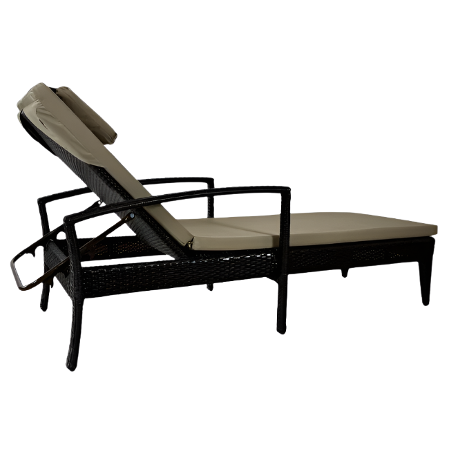 Brown wicker outdoor lounge chair with beige cushions on a white background
