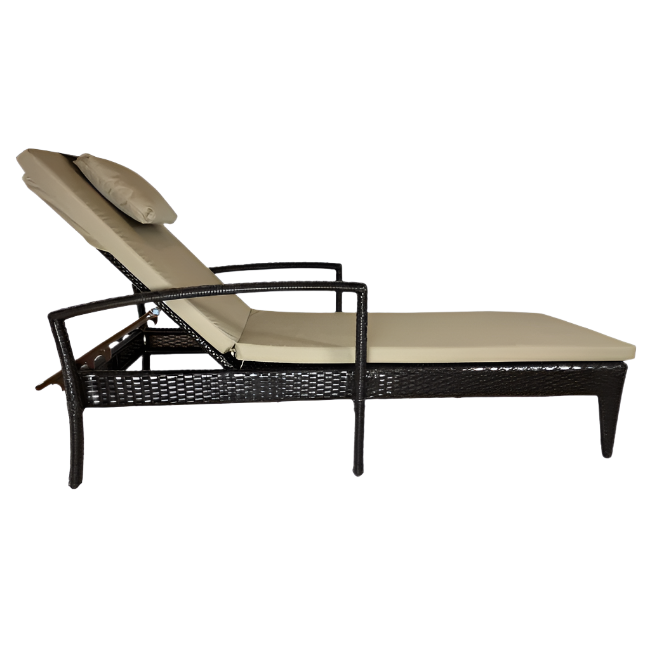Brown wicker outdoor lounge chair with beige cushions on a white background
