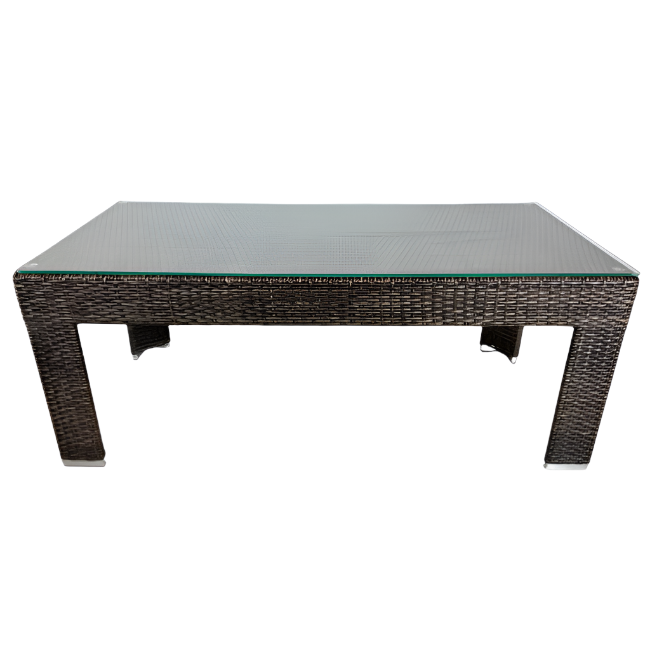 Wicker coffee table with a glass top on a white background