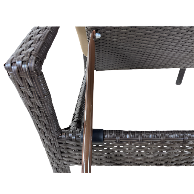 Brown wicker outdoor lounge chair with beige cushions on a white background