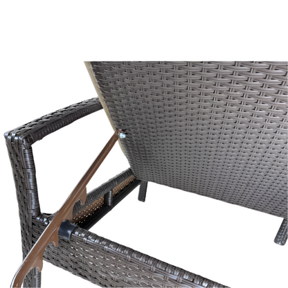 Brown wicker outdoor lounge chair with beige cushions on a white background