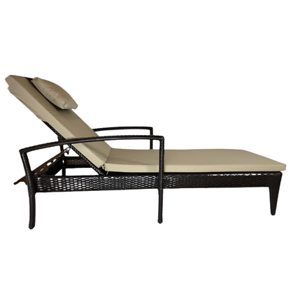 Brown wicker outdoor lounge chair with beige cushions on a white background