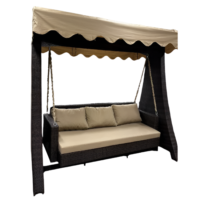 Outdoor swing bench with canopy and beige cushions on a white background