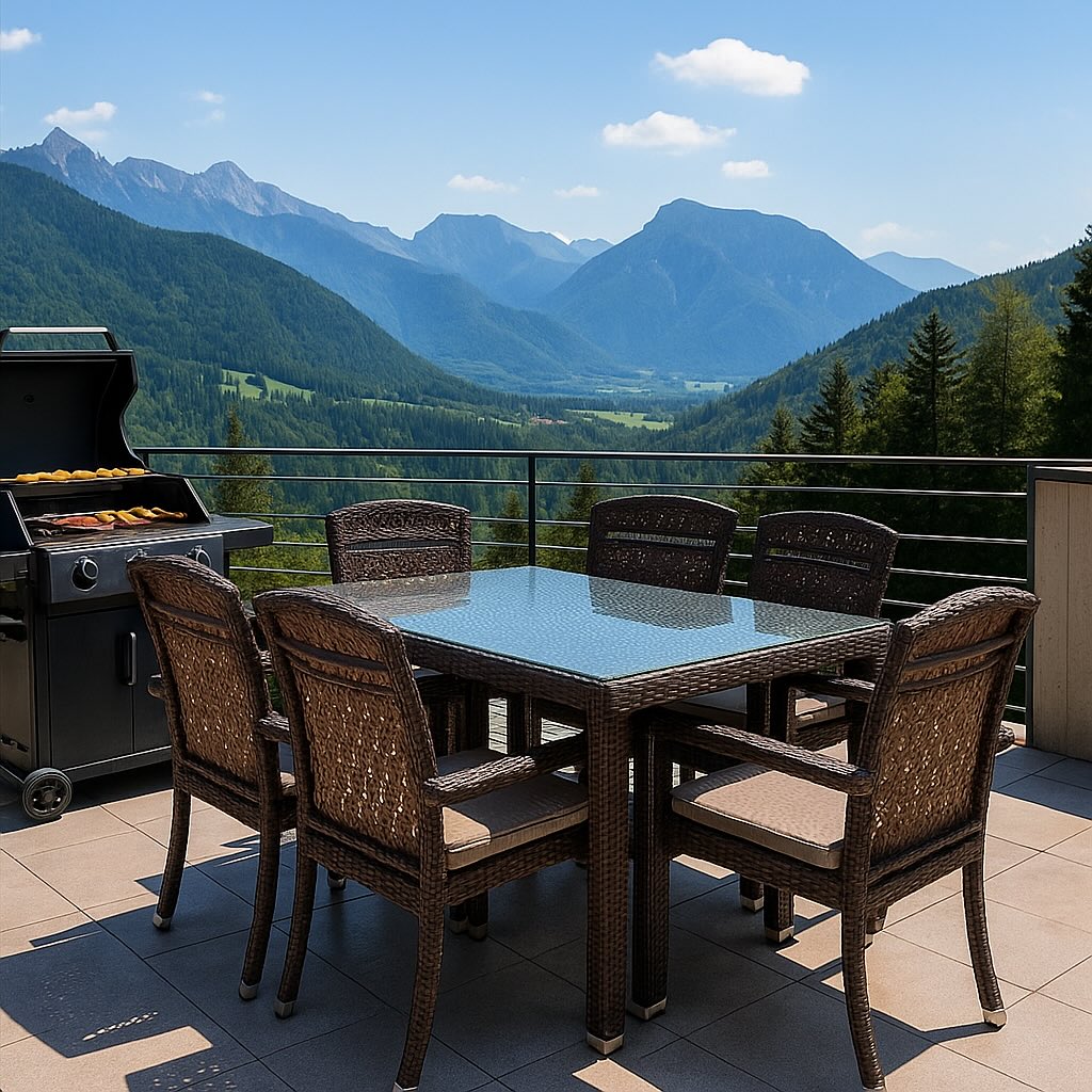 Outdoor patio set with table and chairs on a balcony overlooking mountains