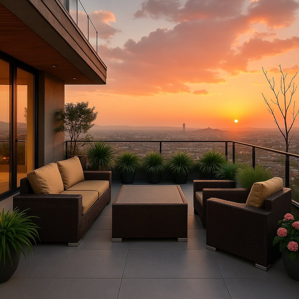 Modern outdoor furniture set on a balcony with a stunning sunset view.