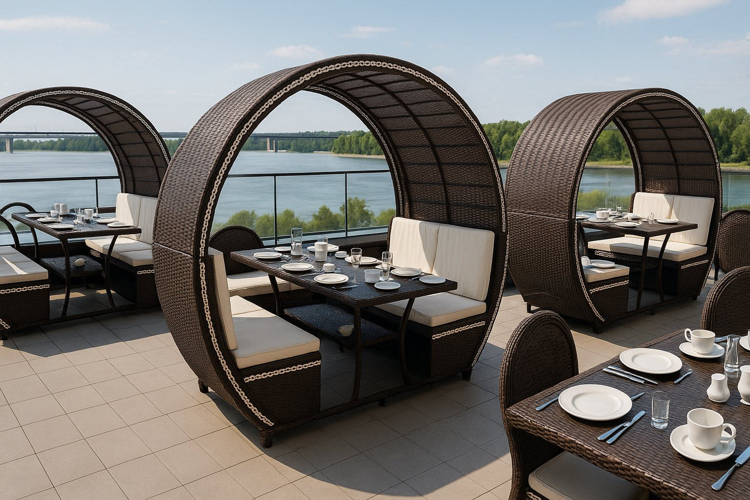 Outdoor dining area with circular wicker booths by a waterfront.