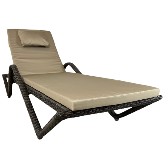 Beige cushioned lounge chair with wicker frame on a white background