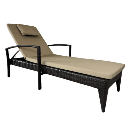 Brown wicker outdoor lounge chair with beige cushions on a white background