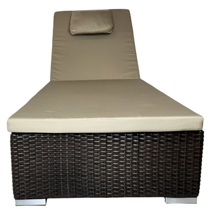 Beige cushioned lounge chair with woven frame on a white background