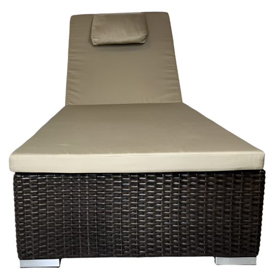 Beige cushioned lounge chair with woven frame on a white background