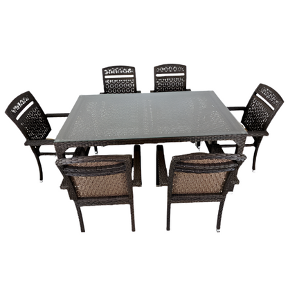 Outdoor dining set with a rectangular table and six chairs on a white background
