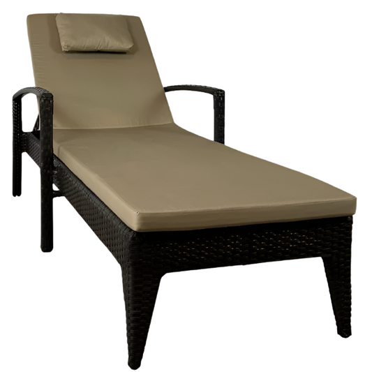 Brown wicker outdoor lounge chair with beige cushions on a white background