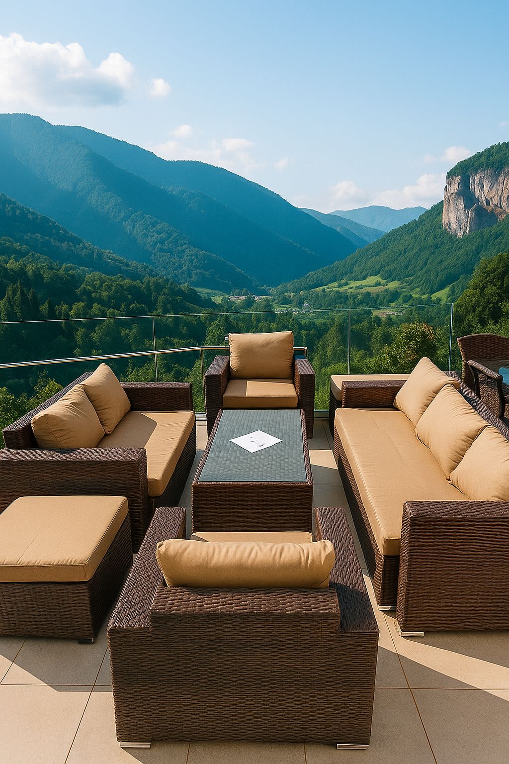 Outdoor wicker furniture set with wicker chairs and cusions and glass top table with scenic mountain view